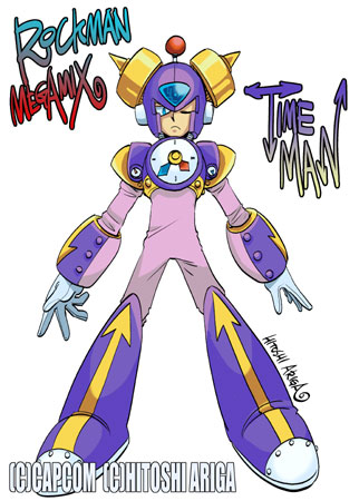 ariga hitoshi, time man, capcom, mega man: powered up, mega man (classic), mega man (series), rockman (game), lowres, tagme, frown, full body, helmet, one eye closed, robot, robot ears