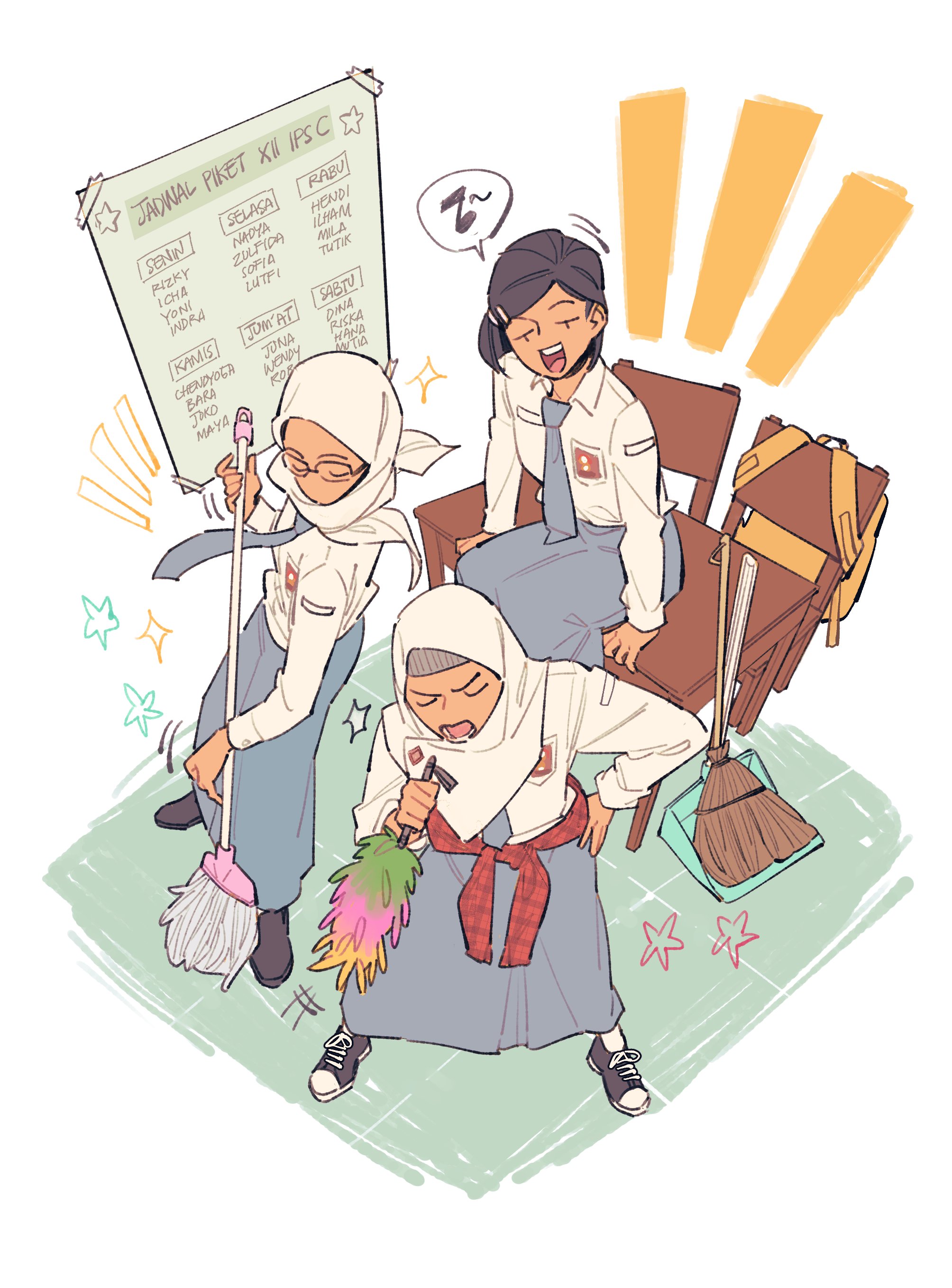 winchestermegg, original, absurdres, highres, 3girls, black hair, black shoes, broom, collared shirt, dark-skinned female, dark skin, duster, glasses, grey necktie, grey skirt, hijab, holding, holding broom, holding duster, multiple girls, musical note, necktie, school uniform, shirt, shoes, skirt, sneakers, speech bubble, white hijab, white shirt