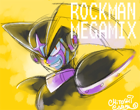 ariga hitoshi, bass (mega man), capcom, mega man (classic), mega man (series), mega man 7, mega man megamix, lowres, tagme, armor, grin, helmet, looking at viewer, red eyes, smile