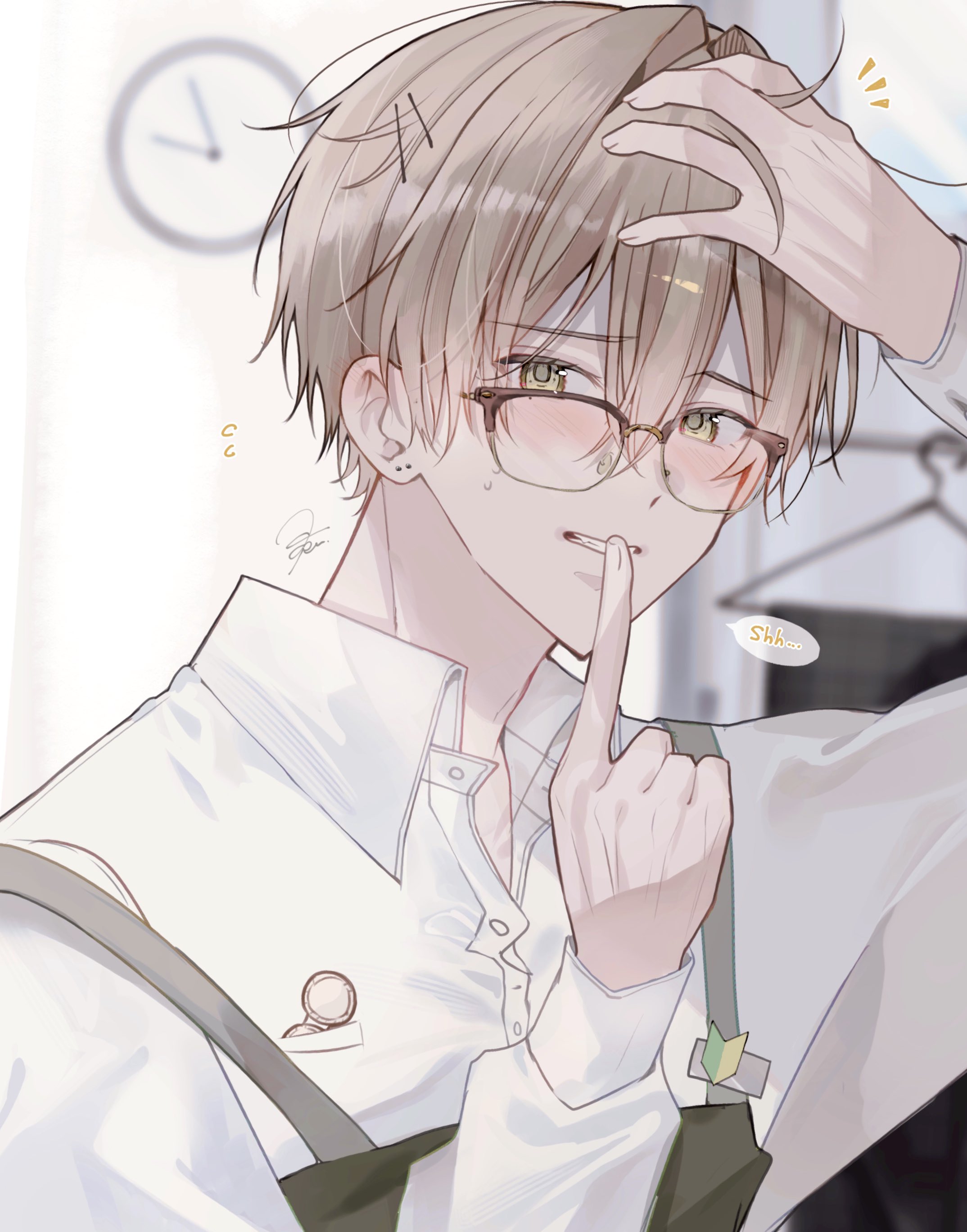aoru uu, original, absurdres, commentary request, highres, 1boy, analog clock, apron, arm up, black apron, blurry, blurry background, blush, brown-framed eyewear, brown hair, clock, clothes hanger, collared shirt, finger to mouth, flying sweatdrops, glasses, hair ornament, hairclip, hand on own head, index finger raised, indoors, long sleeves, looking at viewer, looking over eyewear, male focus, open collar, over-rim eyewear, parted lips, semi-rimless eyewear, shirt, short hair, short sleeves, shoshinsha mark, shushing, solo, upper body, wall clock, white shirt, yellow eyes
