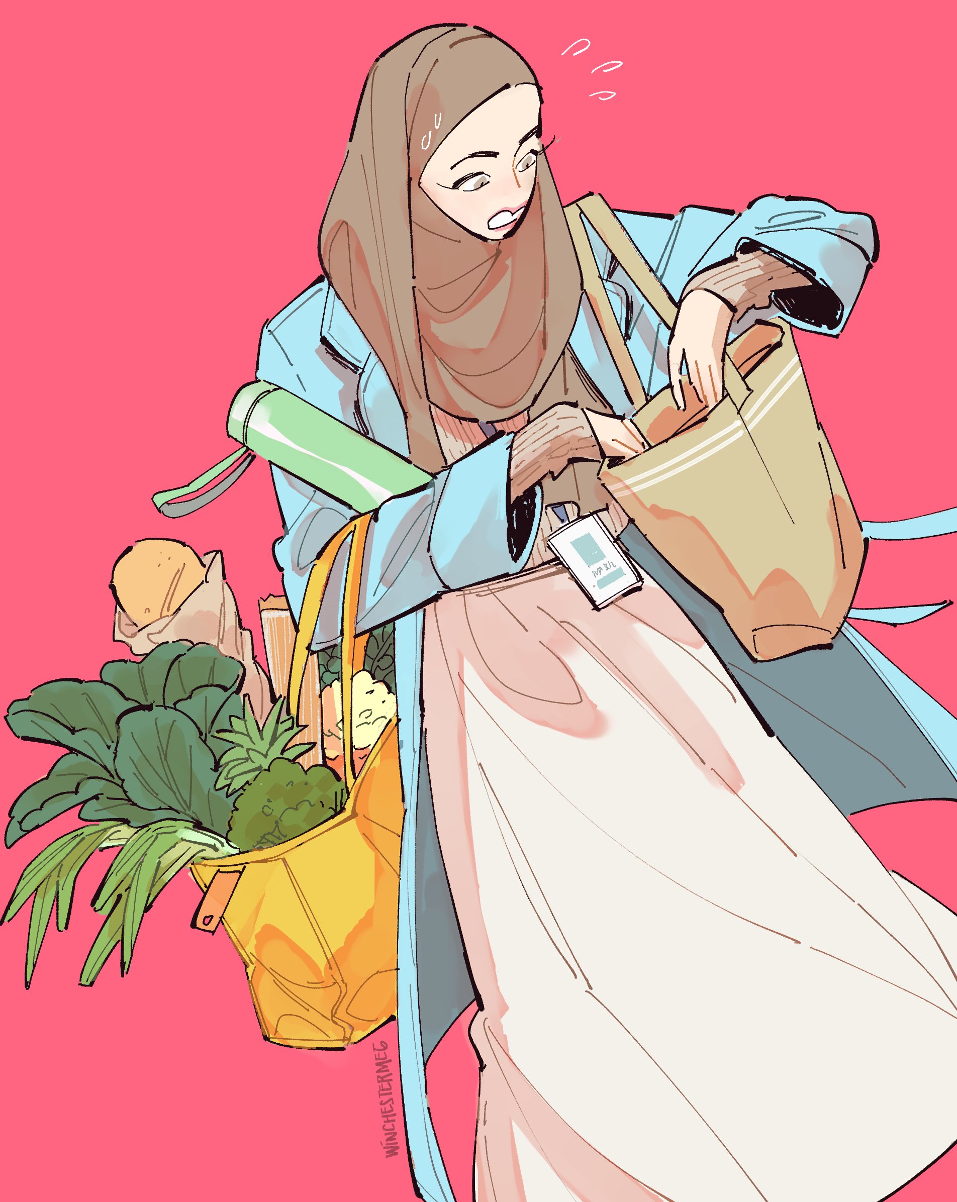 winchestermegg, original, commentary, english commentary, highres, 1girl, bag, blue coat, brown eyes, brown hijab, coat, dress, food, hijab, holding, holding bag, lanyard, leaf, leekspin (meme), long coat, long dress, meme, open clothes, open coat, pink background, simple background, solo, vegetable, white dress