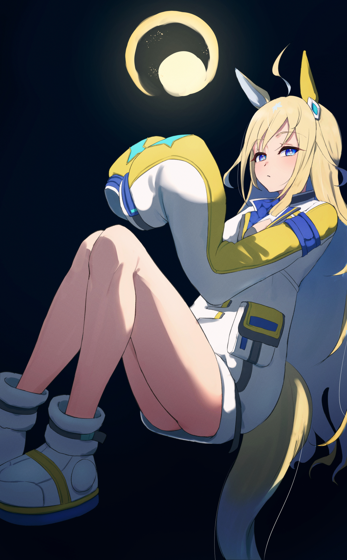 harakomeshi, neo universe (umamusume), neo universe (universe-naut) (umamusume), umamusume, commentary request, highres, 1girl, ahoge, animal ears, blonde hair, blue eyes, blue hair, closed mouth, colored inner hair, dark background, ear covers, hood, hoodie, horse ears, horse girl, horse tail, knees up, legs, long hair, looking at viewer, multicolored hair, no pants, shoes, single ear cover, sleeves past fingers, sleeves past wrists, solo, tail, thighs, white hoodie, white shoes