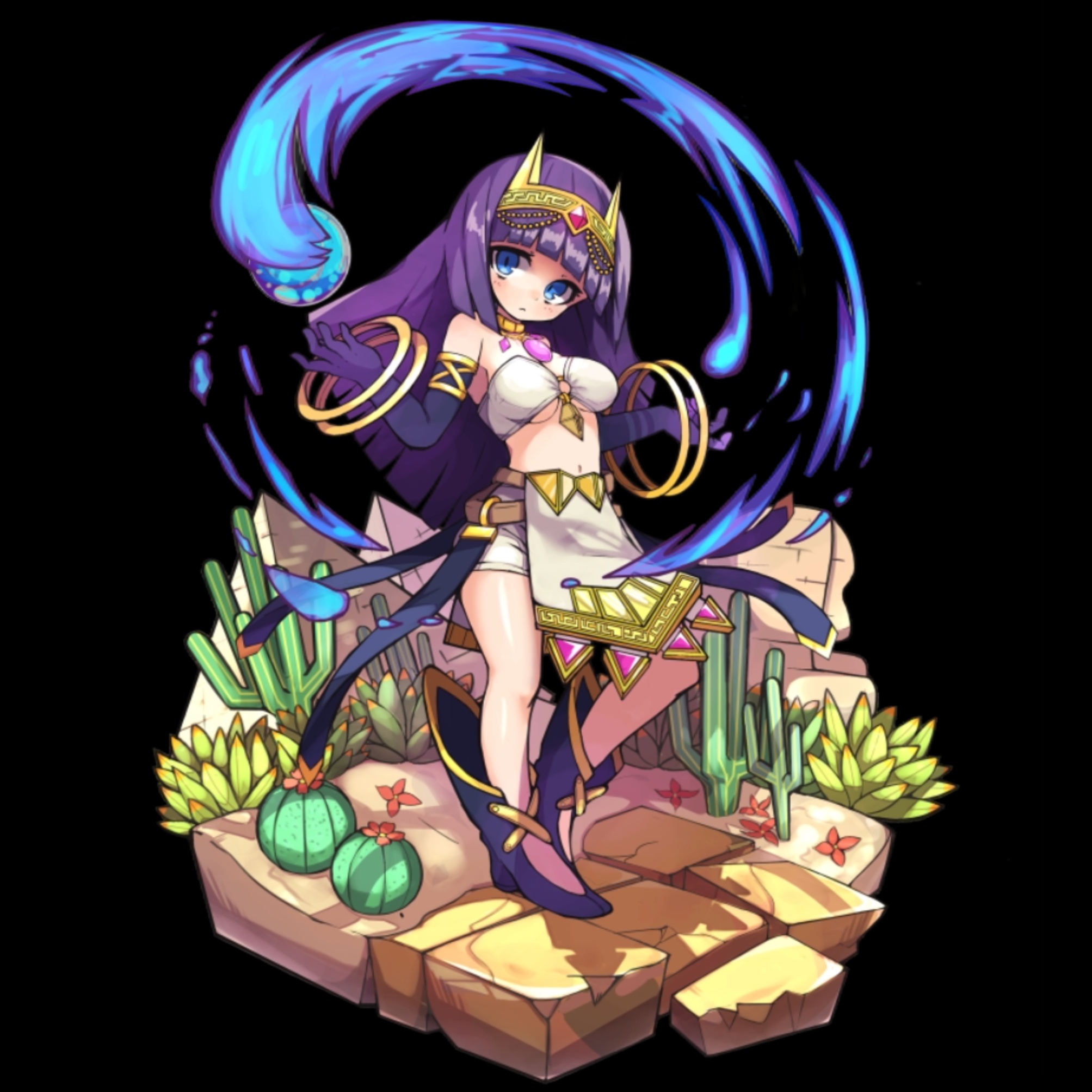 merc storia art team, merc storia, highres, official art, bandeau, belt, black background, blue eyes, blue fire, boots, breasts, brown belt, cactus, closed mouth, elbow gloves, fire, full body, gloves, large breasts, long hair, navel, noemi (merc storia), open hands, orb, pelvic curtain, purple boots, purple gloves, purple hair, pyramid (structure), short shorts, shorts, sidelocks, simple background, solo, standing, tachi-e, tiara, white shorts