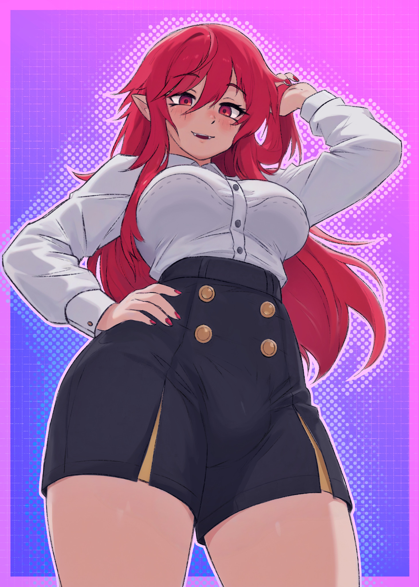 caffichai, original, commentary, commission, english commentary, highres, variant set, 1girl, blush, border, breasts, buttons, cowboy shot, fangs, grid background, hair between eyes, hand on own hip, large breasts, long hair, long sleeves, looking at viewer, outline, outside border, parted lips, pink background, pink border, pink outline, playing with own hair, pointy ears, purple background, red hair, red nails, shirt, shorts, solo, thick thighs, thighs, white shirt, wing collar