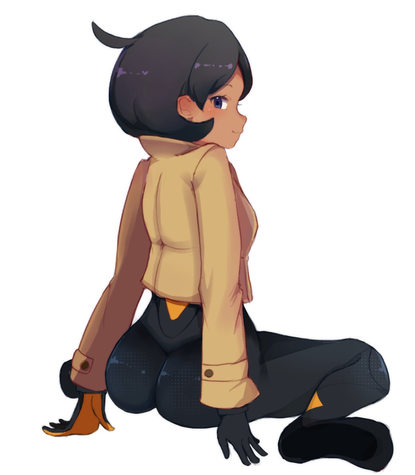 emma (pokemon), nintendo, pokemon, pokemon legends: z-a, 1girl, ass, blush, bodysuit, breasts, dark-skinned female, dark skin, gloves, hannabunn, jacket, purple eyes, short hair, sitting, white background