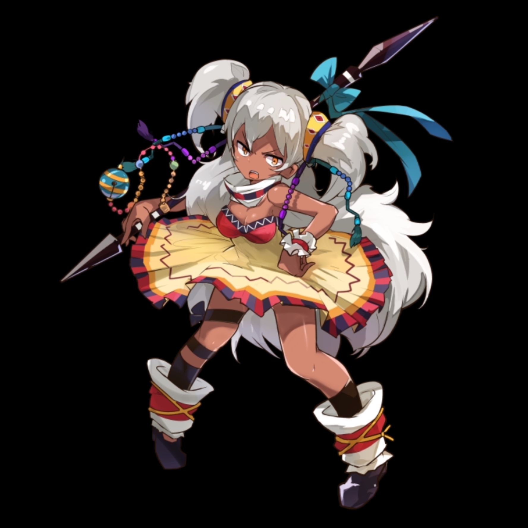 merc storia art team, merc storia, highres, official art, 1girl, aqua bow, black background, black shoes, black socks, bow, breasts, cleavage, dark-skinned female, dark skin, dress, full body, hair between eyes, holding, holding polearm, holding weapon, imelda (merc storia), large breasts, leg warmers, long hair, open mouth, orange eyes, polearm, scrunchie, shoes, simple background, socks, solo, standing, strapless, strapless dress, tachi-e, teeth, upper teeth only, v-shaped eyebrows, very long hair, weapon, white hair, wrist scrunchie