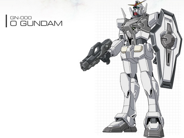 ookawara kunio, 0 gundam, gundam, gundam 00, official art, 00s, beam rifle, energy gun, gun, mecha, production art, robot, shield, weapon