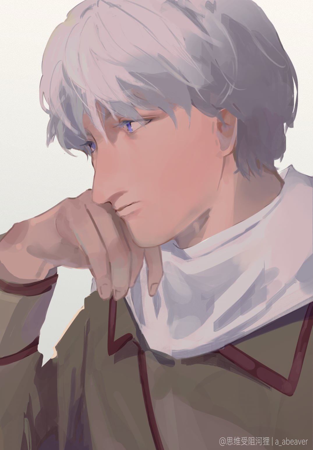 russia (hetalia), axis powers hetalia, hashtag-only commentary, highres, 1boy, a abeaver, artist name, brown coat, closed mouth, coat, collared coat, fingernails, grey hair, hair between eyes, hand on own face, hand up, lips, long sleeves, looking to the side, male focus, purple eyes, scarf, short hair, simple background, solo, upper body, white background, white scarf