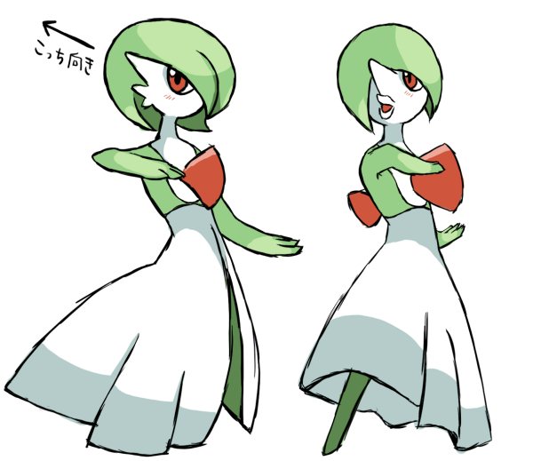 zeibeler, gardevoir, nintendo, pokemon, bad id, bad pixiv id, translated, arrow (symbol), blush, comparison, gen 3 pokemon, lips, multiple views, no feet, parody, perspective, pokemon (creature), simple background, standing, white background