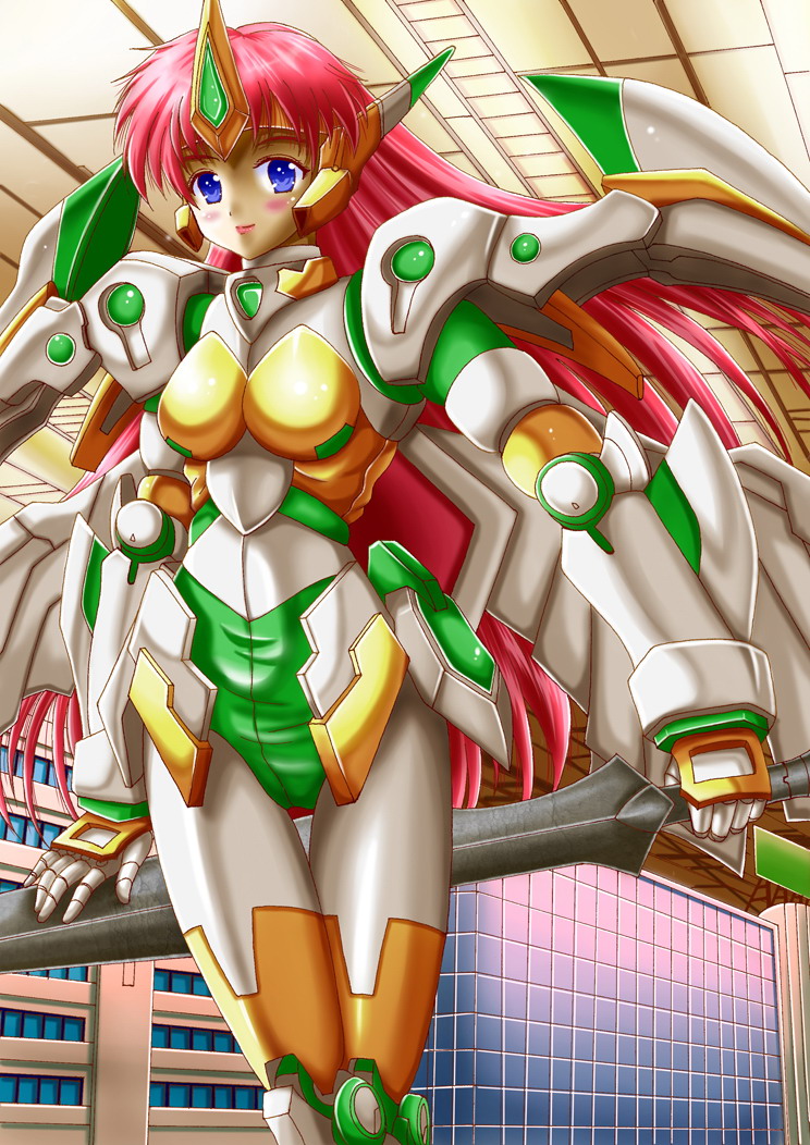 valsione, banpresto, super robot wars, super robot wars original generation, blue eyes, blush, city, long hair, mecha, pink hair, robot, solo, super robot, sword, weapon
