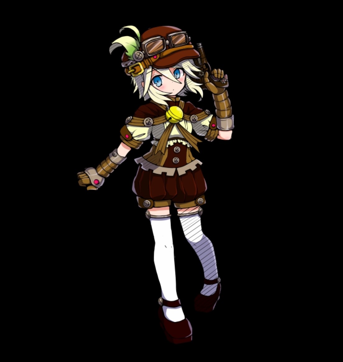 merc storia art team, merc storia, official art, 1girl, black background, blue eyes, blush, brown hat, brown shoes, brown shorts, closed mouth, corset, flats, full body, goggles, goggles on headwear, gun, hair between eyes, hat, holding, holding gun, holding weapon, janna (merc storia), mechanical arms, shoes, short hair, short sleeves, shorts, sidelocks, simple background, solo, standing, tachi-e, thighhighs, weapon, white hair, white thighhighs