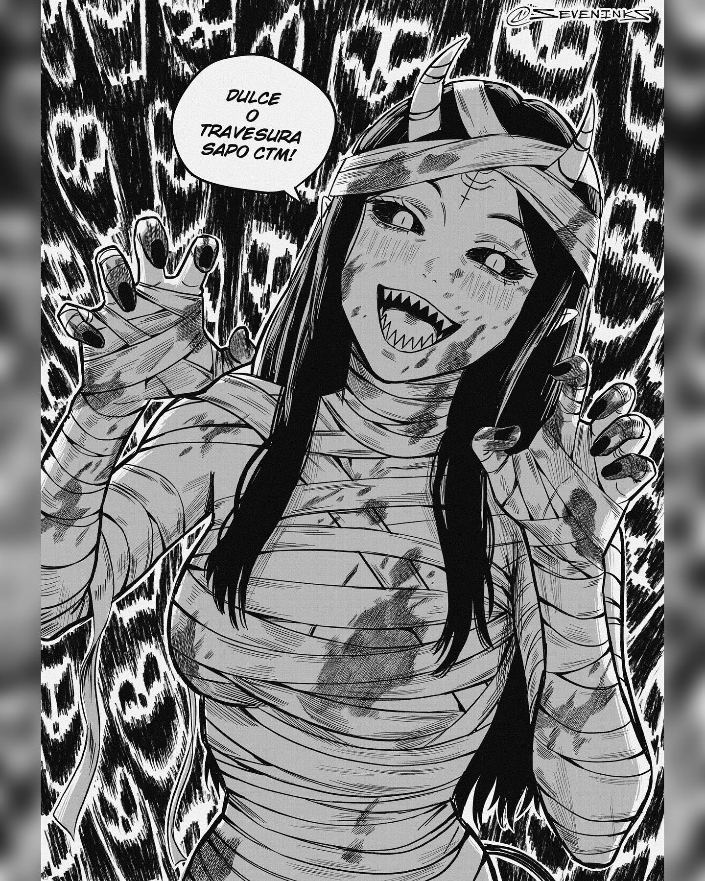 seveninks, original, commentary, highres, translation request, 1girl, bandaged head, bandages, blood, blood on face, breasts, claw pose, cleavage, colored sclera, demon girl, demon horns, facial mark, forehead mark, greyscale, horns, instagram username, medium breasts, monochrome, mummy costume, naked bandage, open mouth, pillarboxed, sharp teeth, smile, solo, spanish text, teeth, underboob, upper body