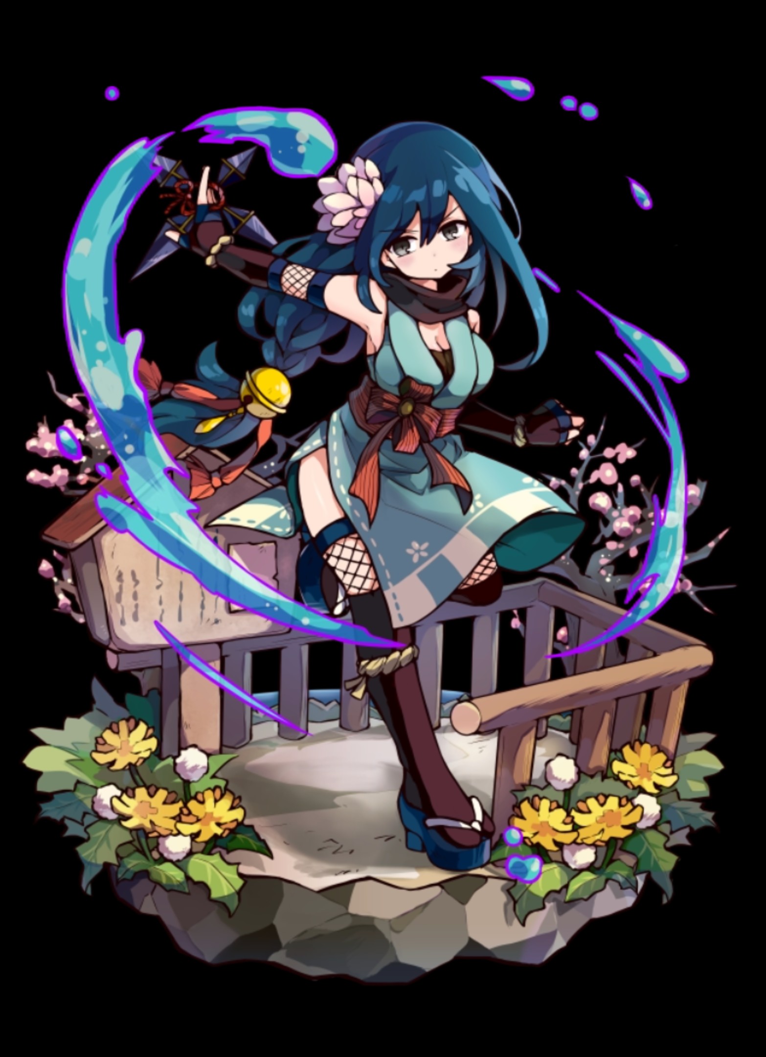 merc storia art team, merc storia, highres, official art, 1girl, bell, billboard, black background, black scarf, black socks, blue hair, breasts, cleavage, closed mouth, dandelion, fence, fishnet thighhighs, fishnets, flower, full body, geta, grey eyes, hair bell, hair flower, hair ornament, holding, holding shuriken, holding weapon, izumi (merc storia), japanese clothes, kimono, large breasts, long hair, low-tied long hair, motion lines, obi, pink flower, plum blossoms, sash, scarf, short kimono, shuriken, side slit, simple background, sleeveless, sleeveless kimono, socks, solo, standing, tachi-e, thighhighs, v-shaped eyebrows, weapon, wooden fence, yellow flower