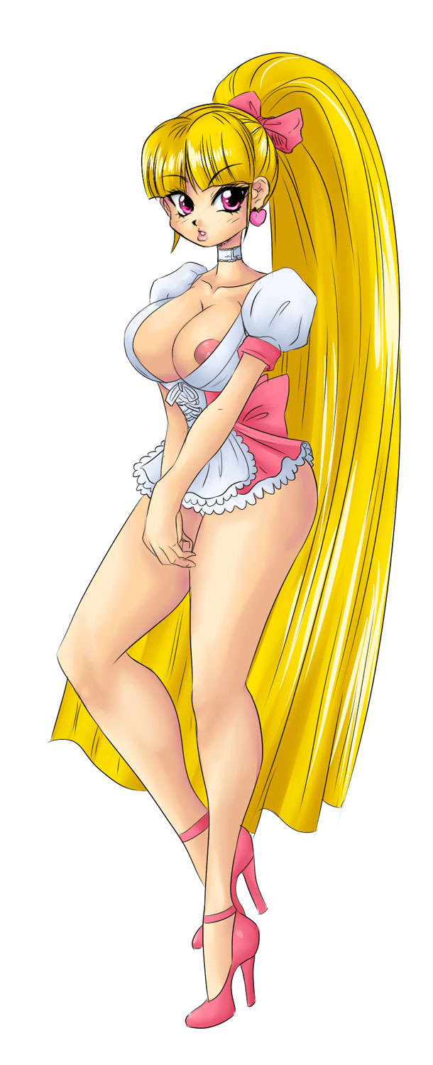 highres, 1girl, blonde hair, blunt bangs, blush, bow, breasts, choker, cleavage, corset, dress, earrings, female focus, full body, hair bow, heart, high heels, jewelry, large breasts, legs, lips, lipstick, long hair, makeup, nipple slip, nipples, no bra, panties, pink eyes, ponytail, short dress, simple background, solo, standing, underwear, very long hair, waitress, white background