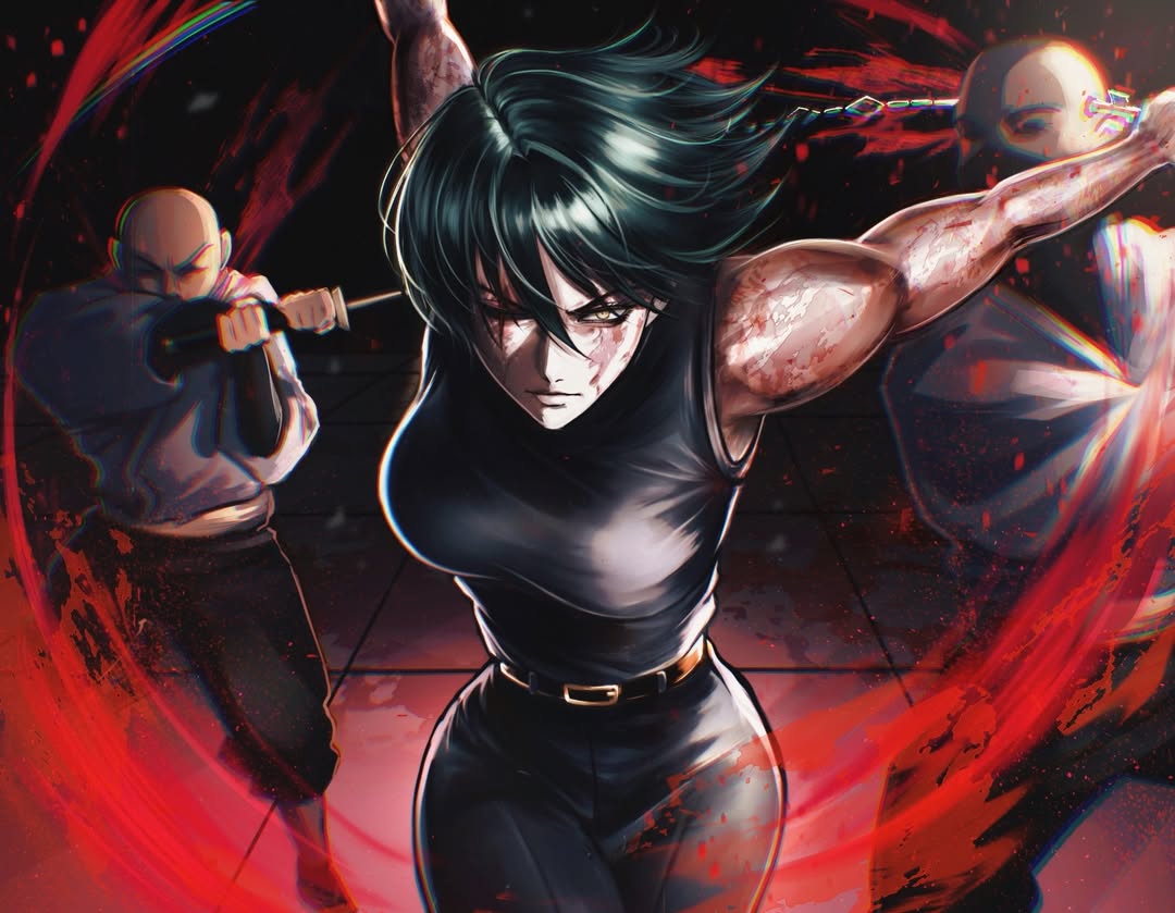 zen'in maki, jujutsu kaisen, 1girl, 2boys, bare shoulders, belt, biceps, black belt, black hair, black pants, black shirt, blood, blood splatter, burn scar, closed mouth, holding, holding weapon, japanese clothes, jeongjyoni, lips, long sleeves, looking at viewer, medium hair, multiple boys, muscular, muscular female, one eye closed, pants, scar, scar across eye, scar on face, shirt, sleeveless, sleeveless shirt, weapon, white shirt, yellow eyes