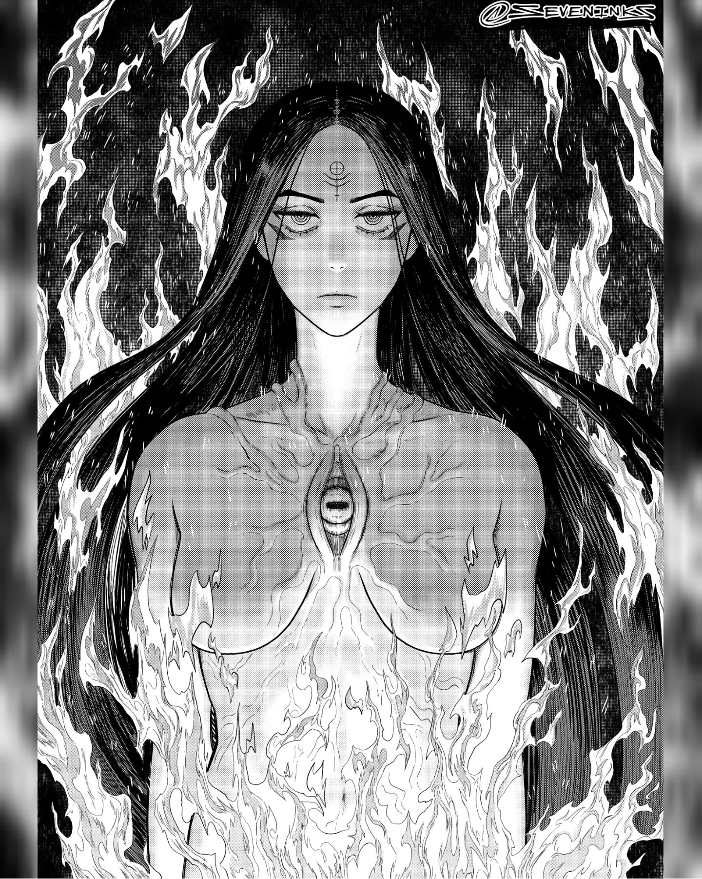 seveninks, original, commentary, highres, 1girl, breasts, collarbone, convenient censoring, expressionless, fire, forehead tattoo, frown, greyscale, instagram username, long hair, medium breasts, monochrome, navel, nude, pillarboxed, ringed eyes, solo, tattoo, third eye, third eye on chest, upper body, veins, very long hair