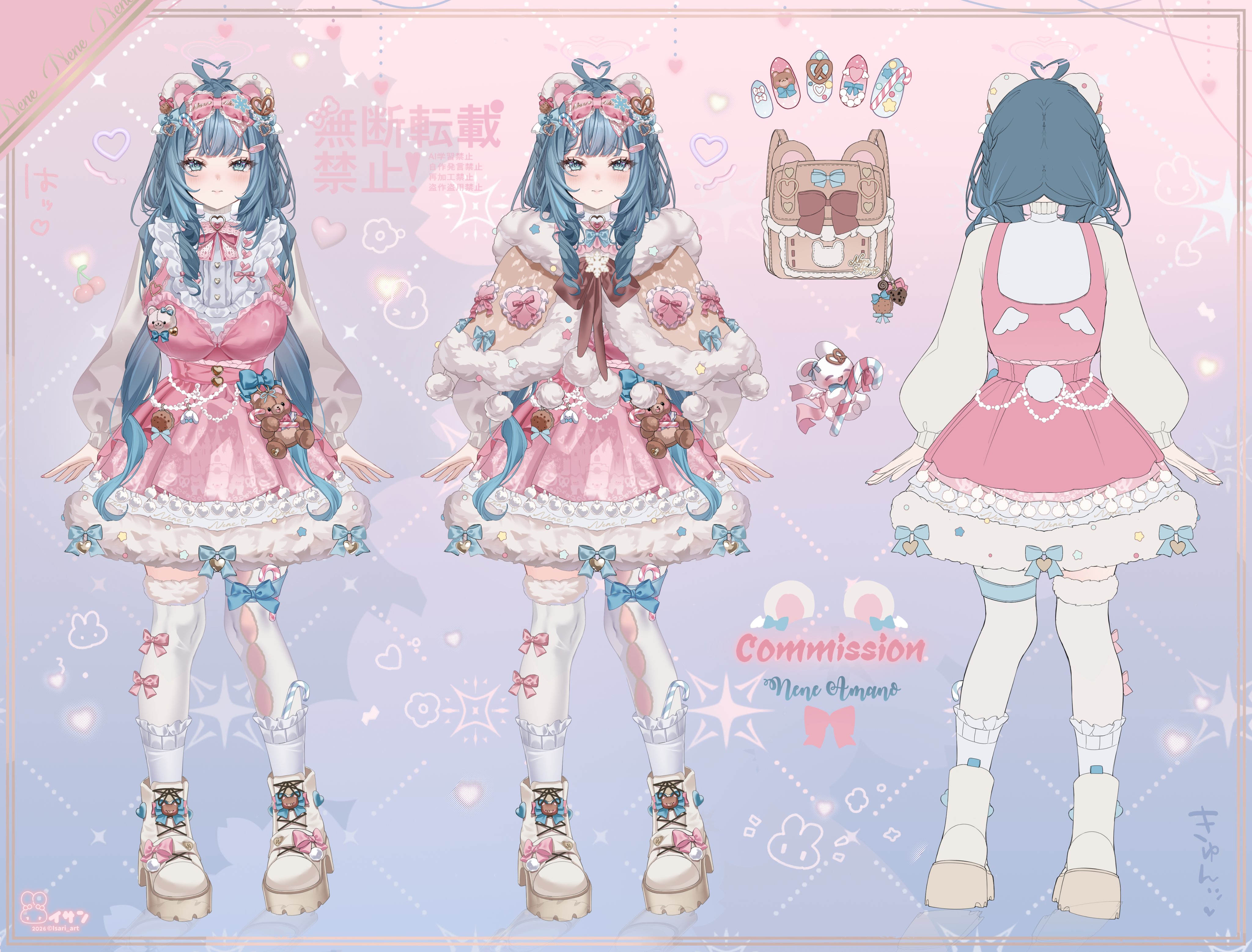 isari sensei, amano nene (vtuber), indie virtual youtuber, absurdres, commentary, commission, english commentary, highres, 1girl, ahoge, animal ears, bandaid, bandaid hair ornament, blue bow, blue eyes, blue hair, boots, bow, bowtie, braid, breasts, brown bag, brown bow, brown capelet, buttons, candy, candy cane, capelet, character name, cherry, closed mouth, dress, eyelashes, food, food-themed hair ornament, fruit, fur-trimmed capelet, fur-trimmed dress, fur-trimmed thighhighs, fur trim, hair ornament, heart, heart ahoge, heart hair ornament, long sleeves, multiple views, pinafore dress, pink bow, pink bowtie, pink dress, pink nails, pom pom (clothes), pretzel, sleeveless, sleeveless dress, socks, socks over thighhighs, stuffed animal, stuffed toy, teddy bear, thighhighs, virtual youtuber, white boots, white socks, white thighhighs