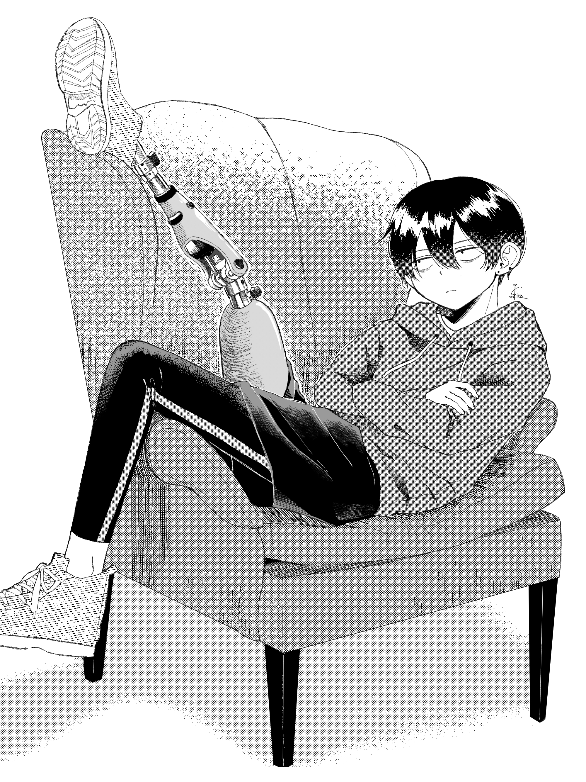 absurdres, commentary request, highres, partial commentary, 1boy, armchair, bags under eyes, chair, crossed arms, double-parted bangs, expressionless, foot out of frame, greyscale, hood, hood down, hoodie, leg lift, leggings, leggings under shorts, long sleeves, looking to the side, male focus, monochrome, ng-act, prosthesis, prosthetic leg, reclining, sanpaku, screentones, shiranami hiiragi, shoe soles, shoes, short hair, shorts, signature, simple background, single leg pantyhose, sneakers, solo, very short hair, white background, yukon g2