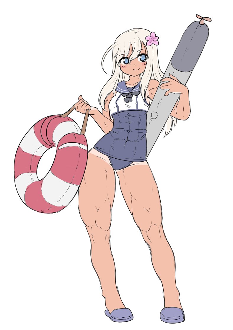 sheepapp, ro-500 (kancolle), kantai collection, blue eyes, hair ornament, tan, tanline, torpedo