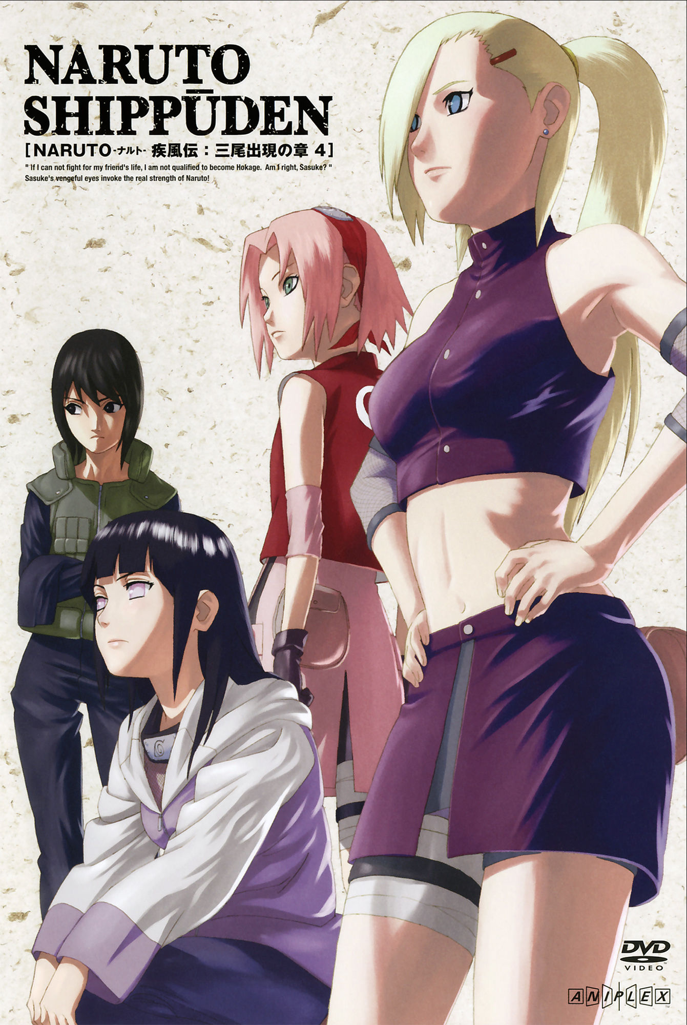 haruno sakura, hyuuga hinata, shizune (naruto), yamanaka ino, naruto (series), naruto shippuuden, highres, official art, 4girls, bandages, bare shoulders, black hair, blonde hair, blue eyes, cover, dvd cover, english text, engrish text, green eyes, hairband, hood, hoodie, long hair, midriff, multiple girls, navel, pink hair, ponytail, purple eyes, ranguage, short hair