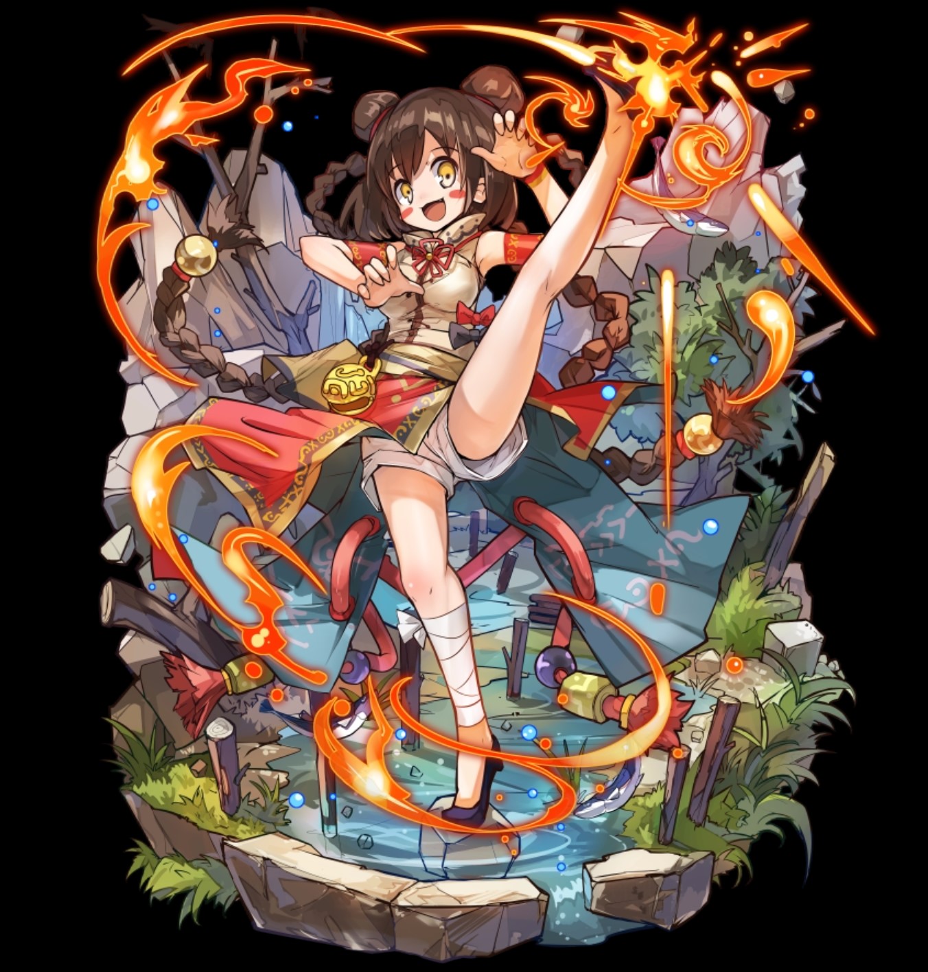 merc storia art team, merc storia, highres, official art, 1girl, :d, bandaged leg, bandages, bare tree, black background, blue shoes, blush stickers, braid, breasts, brown hair, claw pose, double bun, fang, fire, flats, full body, hair between eyes, hair bun, hands up, large breasts, leg up, long hair, miao ping (merc storia), motion lines, open mouth, outstretched leg, pelvic curtain, rock, shirt, shoes, short shorts, shorts, sidelocks, simple background, sleeveless, sleeveless shirt, smile, solo, standing, standing on one leg, tachi-e, tiptoes, tree, twin braids, very long hair, water, white shorts, yellow eyes