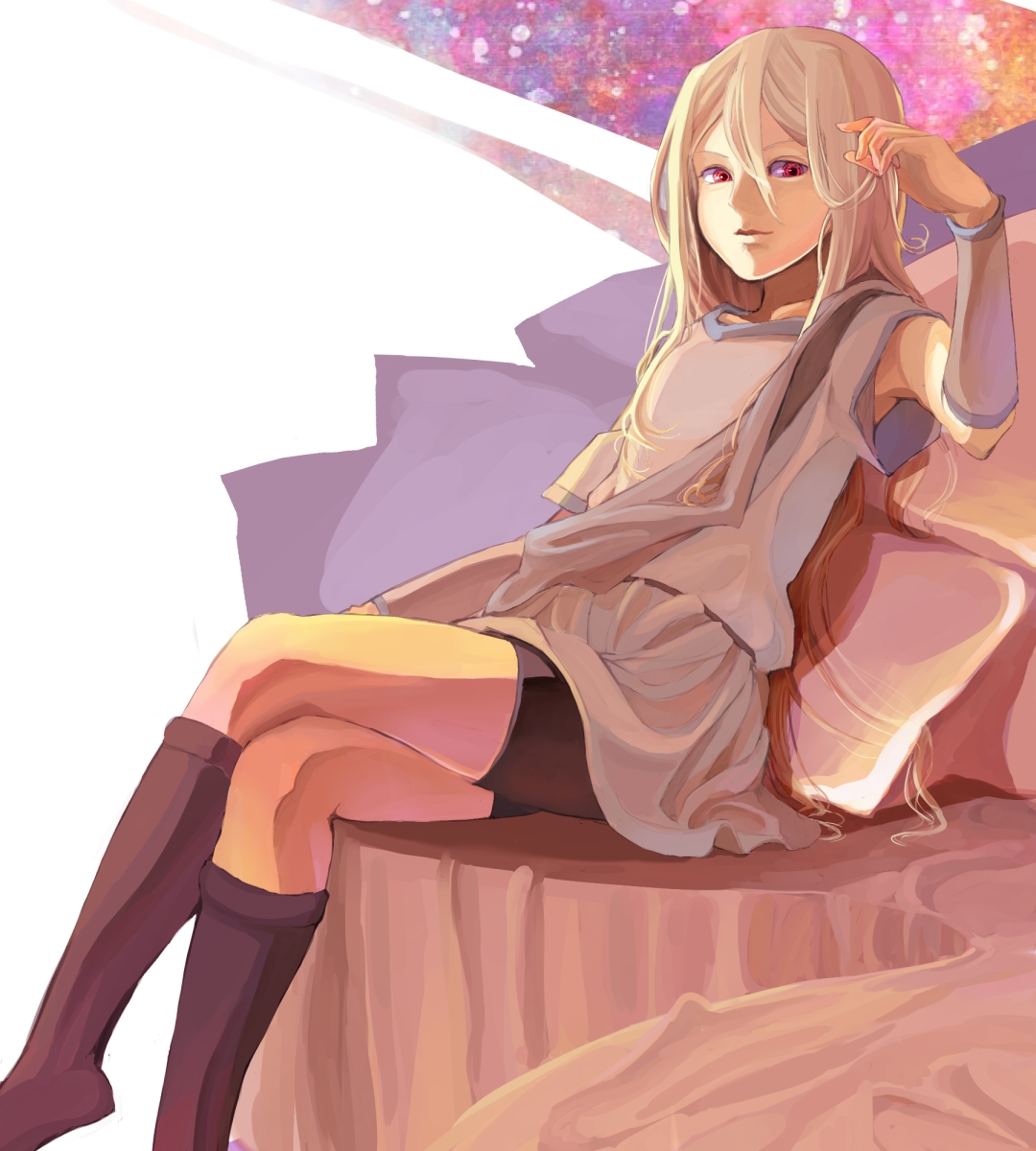 bunkyo takemi, afuro terumi, zeus (inazuma eleven), inazuma eleven, inazuma eleven (series), bad id, bad pixiv id, highres, 1boy, androgynous, bike shorts, blonde hair, crossdressing, crossdressing (mtf), crossed legs, kneehighs, long hair, male focus, pillow, pink eyes, sitting, socks, solo
