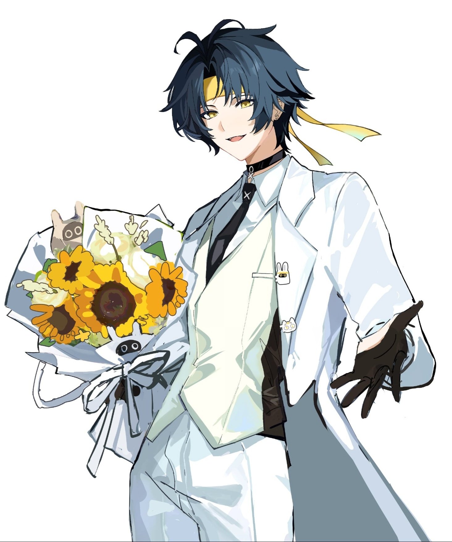c ixxp, asaba harumasa, zenless zone zero, highres, unfinished, 1boy, alternate costume, black choker, black gloves, black hair, black necktie, bouquet, choker, coat, cowboy shot, earrings, flower, formal clothes, gloves, half gloves, headband, holding, holding bouquet, jewelry, looking at viewer, male focus, necktie, open mouth, parted bangs, pendant choker, short hair, solo, suit, sunflower, vest, white coat, white suit, white vest, yellow eyes, yellow headband