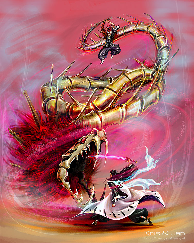 jen-and-kris, kris&jen, abarai renji, kuchiki byakuya, zabimaru, bleach, 2boys, bankai, battle, black hair, epic, haori, japanese clothes, katana, long hair, male focus, multiple boys, red hair, scarf, skeleton, snake, sword, taichou haori, weapon