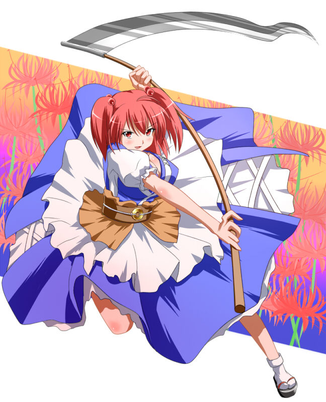 fueiku, onozuka komachi, touhou, bad id, bad pixiv id, 1girl, breasts, cleavage, female focus, hair bobbles, hair ornament, large breasts, red eyes, red hair, scythe, solo