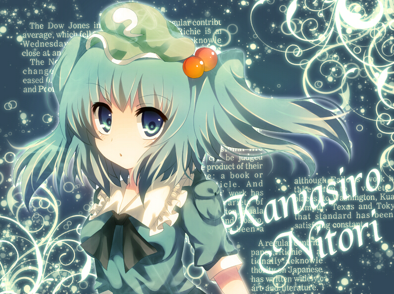 naigashiro, ria (artist), kawashiro nitori, touhou, bad id, bad pixiv id, 1girl, blue eyes, blue hair, character name, female focus, hair bobbles, hair ornament, hat, matching hair/eyes, ribbon, solo, wall of text