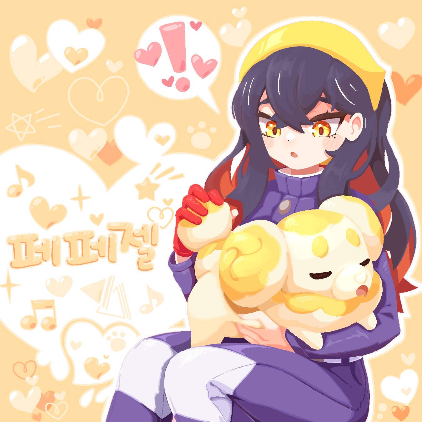 ttrtag, carmine (pokemon), fidough, nintendo, pokemon, pokemon sv, commentary request, commission, highres, translation request, !, 1girl, crossed bangs, feet out of frame, gloves, hairband, heart, korean text, open mouth, orange eyes, parted lips, pokemon (creature), red gloves, sitting, speech bubble, spoken exclamation mark, yellow hairband