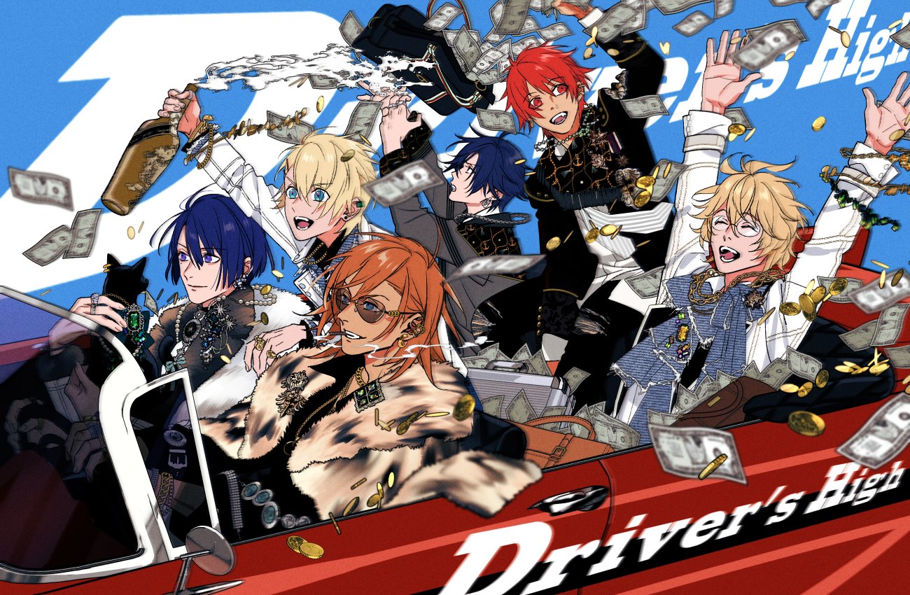 oreebis re, hijirikawa masato, ichinose tokiya, ittoki otoya, jinguuji ren, kurusu shou, shinomiya natsuki (uta no prince-sama), uta no prince-sama, commentary request, 6+boys, :d, ^ ^, animal, arm up, arms up, bag, black cat, black jacket, black pants, blonde hair, blue background, blue bow, blue bowtie, blue eyes, blue hair, bottle, bow, bowtie, bracelet, briefcase, brooch, car, cat, chain, chain earrings, chain necklace, champagne bottle, cigar, closed eyes, coin, convertible, driving, ear piercing, earrings, english text, feet out of frame, fur-trimmed jacket, fur scarf, fur trim, gem, glasses, gold coin, green gem, grey jacket, grin, hair between eyes, holding, holding animal, holding bottle, holding cat, holding money, jacket, jewelry, male focus, medium hair, money, money bag, motion blur, motor vehicle, mouth hold, multiple boys, multiple bracelets, multiple necklaces, multiple rings, necklace, open mouth, orange hair, pants, piercing, pink gem, pinstripe pattern, purple eyes, reaching, red eyes, red hair, ring, shirt, short hair, side part, sitting, smile, smoke, smoking, spilling, starish, stole, sunglasses, tan, teeth, torn clothes, torn pants, upper body, watch, white jacket, white shirt, wind, wristwatch, yellow gem