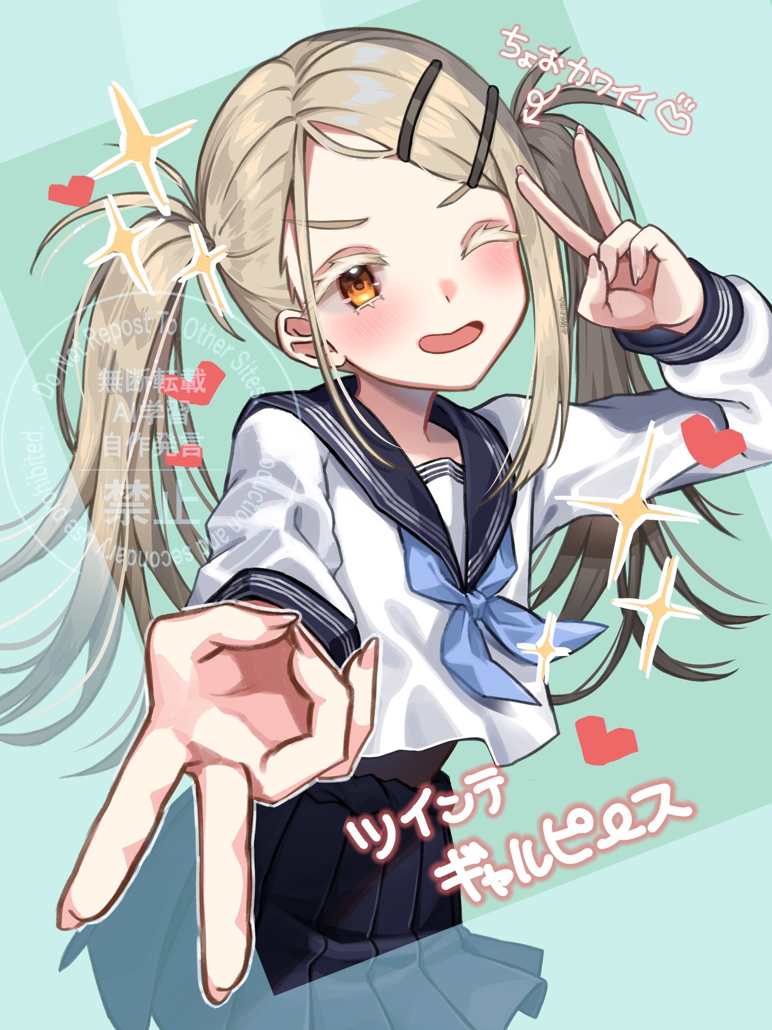 tsubakiya setsuna, shinosawa hiro, gakuen idolmaster, idolmaster, commentary request, highres, translation request, 1girl, black sailor collar, black skirt, blonde hair, blue neckerchief, blush, border, colored eyelashes, cowboy shot, fingernails, green background, gyaru v, hair ornament, hairclip, hatsuboshi gakuen school uniform, heart, long hair, long sleeves, looking at viewer, miniskirt, neckerchief, one eye closed, open mouth, orange eyes, outstretched arm, parallel hairclips, parted bangs, pleated skirt, sailor collar, school uniform, serafuku, shirt, skirt, smile, solo, sparkle, transparent border, twintails, v, watermark, white shirt