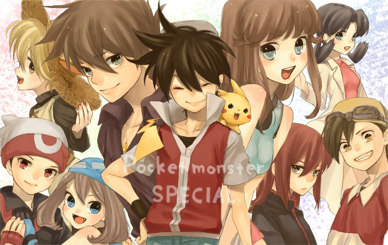 kumatani, blue oak, brendan (pokemon), ethan (pokemon), green (pokemon), kris (pokemon), may (pokemon), pika (pokemon), pikachu, red (pokemon), silver (pokemon), yellow (pokemon), nintendo, pokemon, pokemon adventures, bad id, bad pixiv id, 4girls, 6+boys, backwards hat, bandana, bare shoulders, baseball cap, black hair, blonde hair, blue eyes, blue hair, blush, brown hair, closed eyes, denim, fangs, fingerless gloves, gen 1 pokemon, gloves, goggles, green eyes, grey eyes, grin, happy, hat, jacket, jeans, jewelry, long hair, multiple boys, multiple girls, necklace, open mouth, pants, pokemon (creature), popped collar, red eyes, red hair, short hair, smile, straw hat, turtleneck, twintails, wristband, yellow eyes