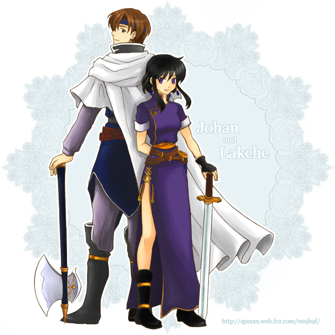 spsflat, iuchar (fire emblem), larcei (fire emblem), fire emblem, fire emblem: genealogy of the holy war, nintendo, black footwear, bad id, bad pixiv id, 1boy, 1girl, arm behind back, axe, back-to-back, belt, black gloves, black hair, boots, cape, character name, china dress, chinese clothes, dress, fingerless gloves, full body, gloves, headband, long sleeves, looking at viewer, looking back, multiple belts, purple eyes, short hair, short sleeves, side slit, standing, sword, watermark, weapon, web address