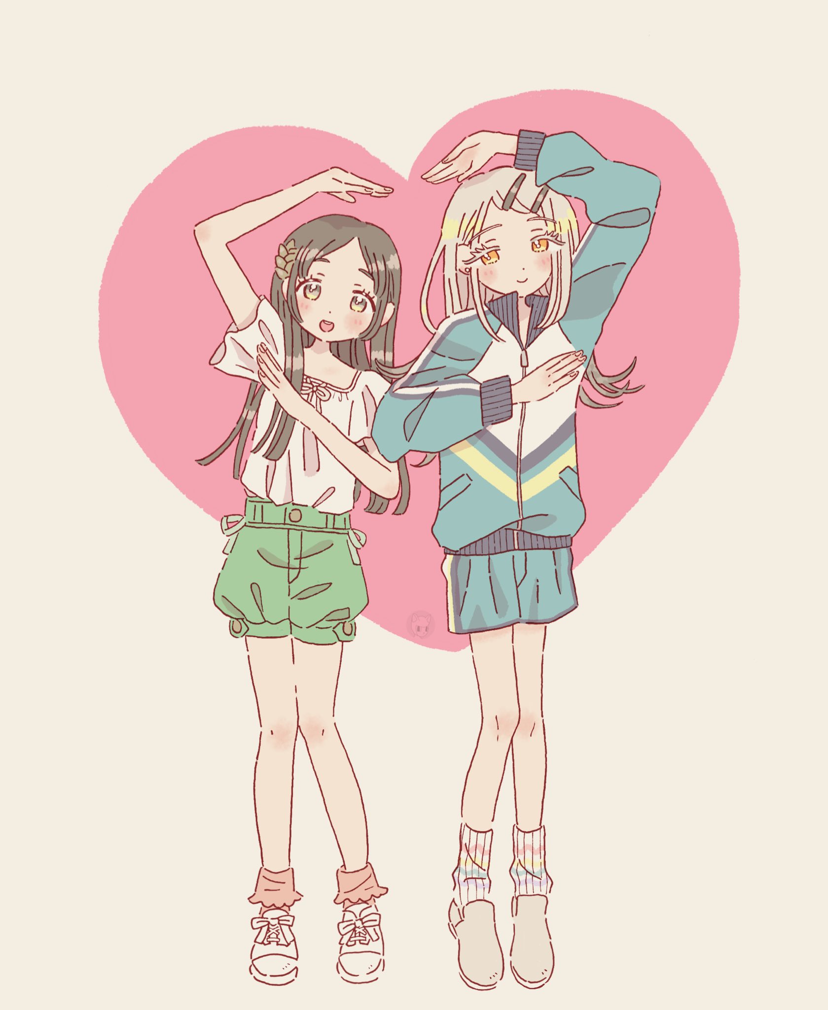 bouryoku hantai, kuramoto china, shinosawa hiro, gakuen idolmaster, idolmaster, commentary, highres, symbol-only commentary, 2girls, aqua shorts, arm up, baggy shorts, blonde hair, blouse, blue jacket, blunt ends, blush, brown eyes, closed mouth, colored eyelashes, earrings, flipped hair, full body, gradient hair, green shorts, grey hair, hair ornament, hairclip, heart, heart arms, heart arms duo, heart background, jacket, jewelry, laurels, leaf hair ornament, long hair, looking at viewer, multicolored hair, multicolored jacket, multiple girls, open mouth, orange eyes, orange socks, parallel hairclips, parted bangs, shirt, shoes, shorts, side-by-side, simple background, smile, sneakers, socks, standing, striped clothes, striped jacket, striped shorts, stud earrings, track jacket, vertical-striped clothes, vertical-striped jacket, vertical-striped shorts, white jacket, white shirt, white shoes, white socks, zipper, zipper pull tab