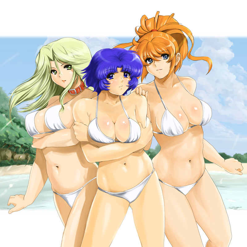 shu-z, excellen browning, kusuha mizuha, lamia loveless, banpresto, super robot wars, 3girls, bikini, blonde hair, blue eyes, blue hair, collar, green eyes, green hair, long hair, multiple girls, ponytail, shiny skin, short hair, swimsuit