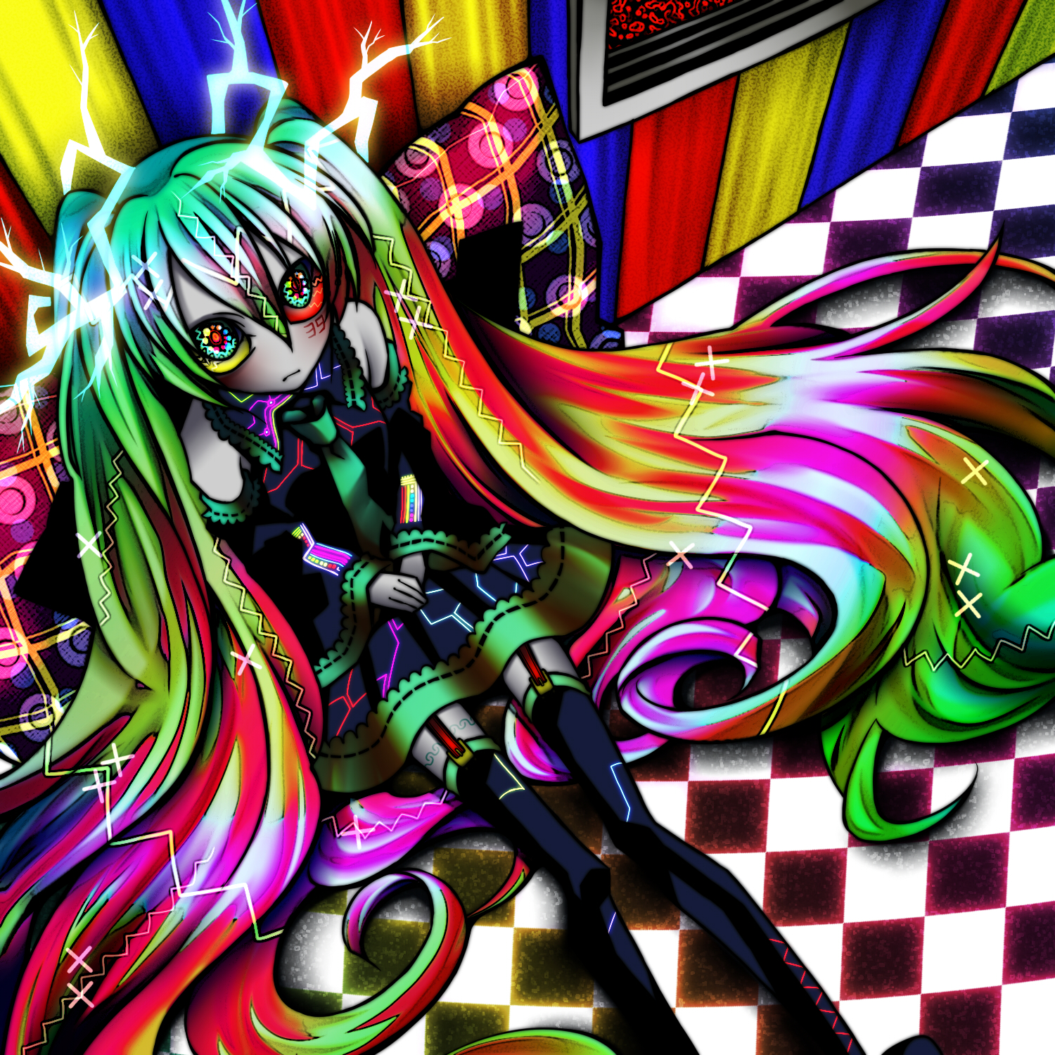 senmu (0107), hatsune miku, vocaloid, bad id, bad pixiv id, highres, 1girl, abstract, colorful, detached sleeves, female focus, long hair, multicolored eyes, multicolored hair, psychedelic, solo, thighhighs, twintails, very long hair