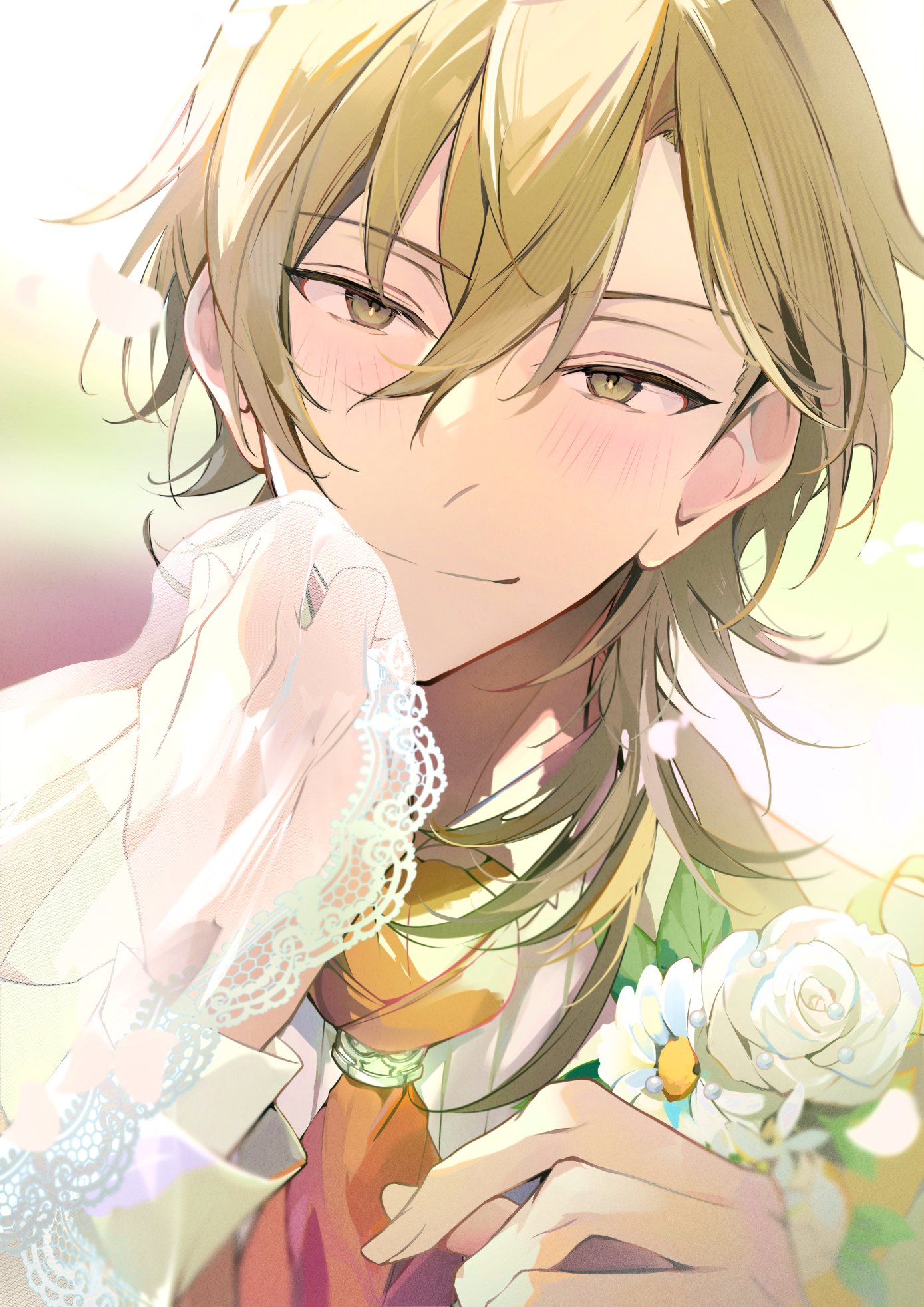kaoso, hakaze kaoru, ensemble stars!, commentary request, highres, 1boy, blonde hair, blush, boutonniere, bridal veil, closed mouth, collared shirt, curled fingers, daisy (flower), flower, gem, gradient background, green background, groom, hair between eyes, jacket, lace-trimmed veil, lace trim, light rays, long sleeves, looking at viewer, male focus, medium hair, necktie, orange necktie, pearl (gemstone), portrait, pov adoring, rose, shirt, smile, solo, veil, white flower, white rose, white shirt, wolf cut, yellow eyes, yellow jacket