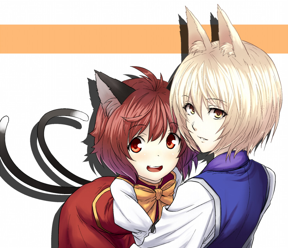 hiroya juuren, chen, yakumo ran, touhou, 2girls, animal ears, blonde hair, brown hair, cat ears, cat girl, cat tail, female focus, fox ears, multiple girls, multiple tails, no headwear, orange eyes, short hair, tail, yellow eyes