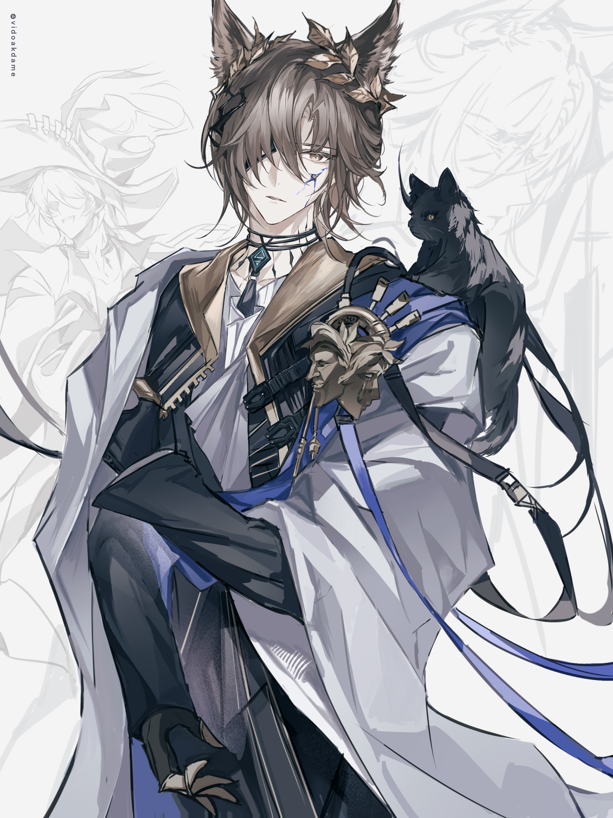 vidoakdame, phantom (arknights), tragodia (arknights), arknights, absurdres, chinese commentary, commentary request, highres, 1boy, animal ear fluff, animal ears, black cat, black gloves, black jacket, brown hair, cat, cat boy, cat ears, cowboy shot, cracked skin, gloves, hair over one eye, jacket, jewelry, laurel crown, long sleeves, looking at viewer, male focus, material growth, multiple persona, necklace, oripathy lesion (arknights), parted lips, shawl, short hair, solo, white shawl, yellow eyes