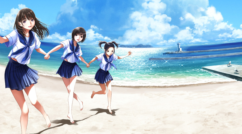 mino tarou, anegasaki nene, kobayakawa rinko, takane manaka, love plus, love plus plus, official art, 3girls, barefoot, beach, cloud, day, feet, legs, long hair, long legs, multiple girls, ocean, outdoors, school uniform, serafuku, short hair, skirt, sky, smile, twintails
