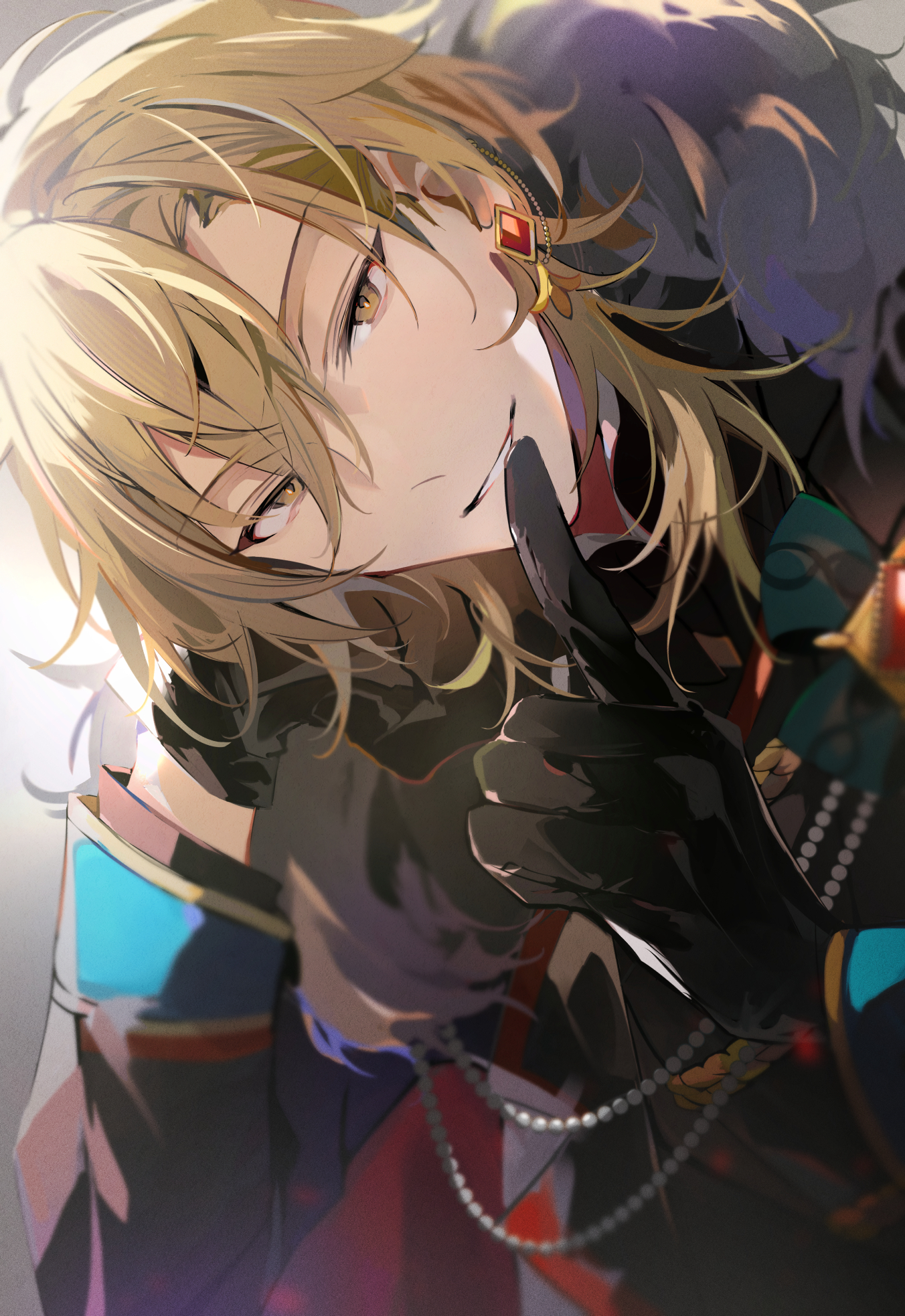 kaoso, hakaze kaoru, ensemble stars!, red gem, commentary request, highres, 1boy, arm support, backlighting, beads, black coat, black gloves, black jacket, blonde hair, blurry, blurry foreground, coat, collared coat, curtained hair, double-parted bangs, dutch angle, earrings, finger to mouth, fur shawl, gem, gloves, grin, hair between eyes, hand on own cheek, hand on own face, high collar, jacket, jewelry, looking at viewer, male focus, medium hair, official alternate costume, parted lips, shawl, shushing, sleeve cuffs, smile, solo, stud earrings, v-shaped eyebrows, wolf cut, yellow eyes