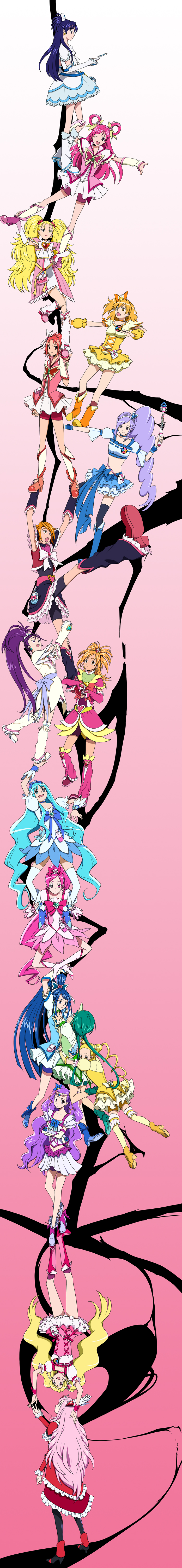 fukuoka kasumi, akimoto komachi, aono miki, cure aqua, cure berry, cure black, cure bloom, cure blossom, cure dream, cure egret, cure lemonade, cure marine, cure mint, cure passion, cure peach, cure pine, cure rouge, cure white, hanasaki tsubomi, higashi setsuna, hyuuga saki, kasugano urara (yes! precure 5), kujou hikari, kurumi erika, milk (yes! precure 5), milky rose, mimino kurumi, minazuki karen, mishou mai, misumi nagisa, momozono love, natsuki rin, shiny luminous, yamabuki inori, yukishiro honoka, yumehara nozomi, durarara!!, fresh precure!, futari wa precure, futari wa precure max heart, futari wa precure splash star, heartcatch precure!, precure, precure all stars, precure all stars dx2 kibou no hikari rainbow jewel o mamore!, yes! precure 5, yes! precure 5 gogo!, absurdres, highres, long image, tall image, 6+girls, blue skirt, boots, brooch, butterfly hair ornament, cone hair bun, crossover, gradient background, hair bun, hair ornament, half updo, heart, heart brooch, high ponytail, in-franchise crossover, jewelry, knee boots, legs, magical girl, multiple girls, parody, pink background, pink shorts, ponytail, shorts, shorts under skirt, skirt, stacking, trust me (durarara!!)