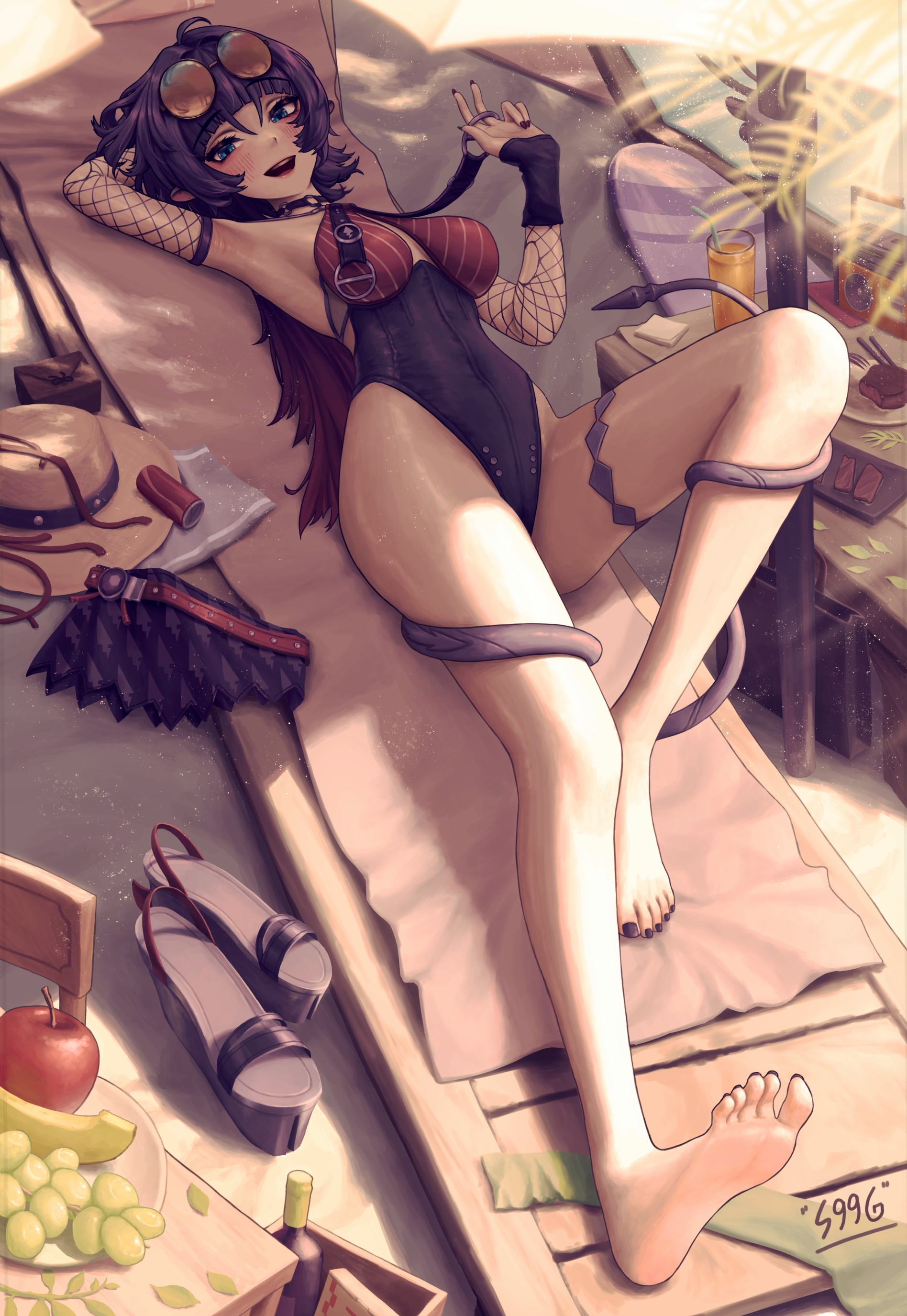 s99g, jane doe (nocturne of light) (zenless zone zero), jane doe (zenless zone zero), zenless zone zero, absurdres, commentary, commentary request, english commentary, highres, mixed-language commentary, 1girl, animal ears, apple, arm behind head, armpits, artist name, barefoot, beach, beach umbrella, black hair, black nails, black one-piece swimsuit, black sarong, blue eyes, blush, breast curtains, breasts, choker, covered navel, drink, drinking straw, eyewear on head, fishnet sleeves, fishnets, food, fruit, full body, grapes, hat, knee up, leather leotard, long hair, looking at viewer, lying, medium breasts, mouse ears, mouse girl, mouse tail, multicolored hair, nail polish, o-ring, o-ring choker, o-ring swimsuit, official alternate costume, on back, one-piece swimsuit, orange-tinted eyewear, outdoors, plate, red hair, red one-piece swimsuit, round eyewear, sand, sarong, sharp tail, shoes, soles, solo, sun hat, swimsuit, tail, tinted eyewear, toenail polish, toenails, toes, two-tone one-piece swimsuit, umbrella, unworn hat, unworn headwear, unworn sarong, unworn shoes