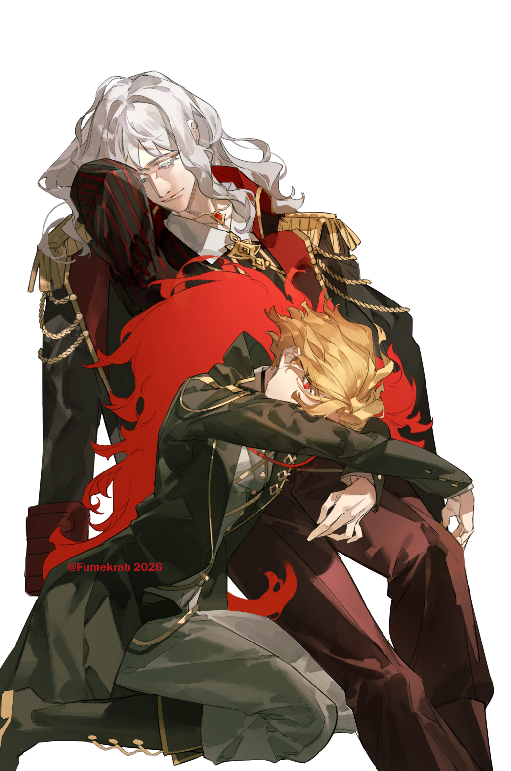 krab (fumekrab), don quixote (project moon), la manchaland's don quixote (project moon), sancho (project moon), limbus company, project moon, chinese commentary, commentary request, highres, 1boy, 1girl, artist name, black boots, black coat, black jacket, blonde hair, boots, closed eyes, closed mouth, coat, coat on shoulders, collared shirt, colored eyelashes, epaulettes, feather boa, gold, gold trim, grey pants, hair between eyes, jacket, knee boots, lap pillow, leaning on person, long hair, long sleeves, looking at viewer, medallion, open clothes, open coat, pants, red eyes, red pants, shirt, short hair, simple background, sitting, smile, wavy hair, white background, white hair, white shirt