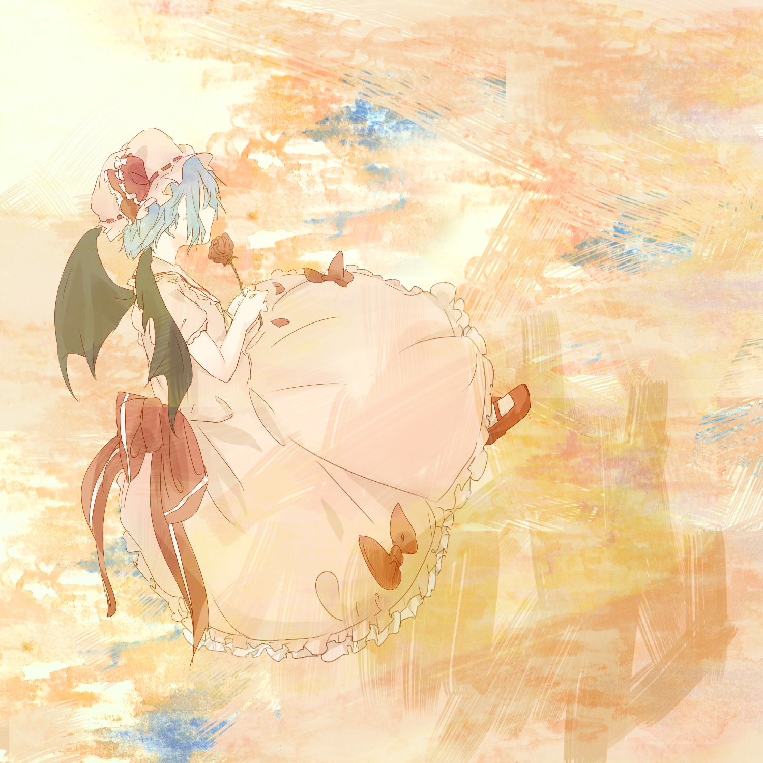 yaho (pixiv), remilia scarlet, touhou, bad id, bad pixiv id, highres, 1girl, bat wings, female focus, flower, full body, hat, rose, short hair, solo, wings