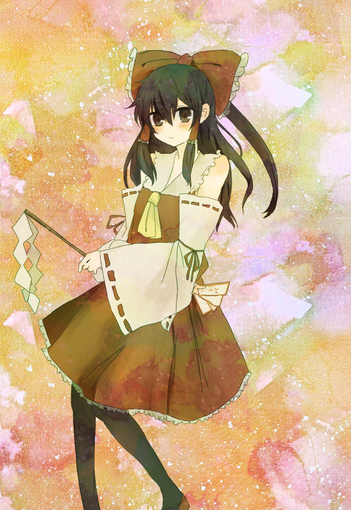 yaho (pixiv), hakurei reimu, touhou, bad id, bad pixiv id, 1girl, bow, brown hair, detached sleeves, female focus, gradient background, hair bow, japanese clothes, miko, pantyhose, red bow, solo