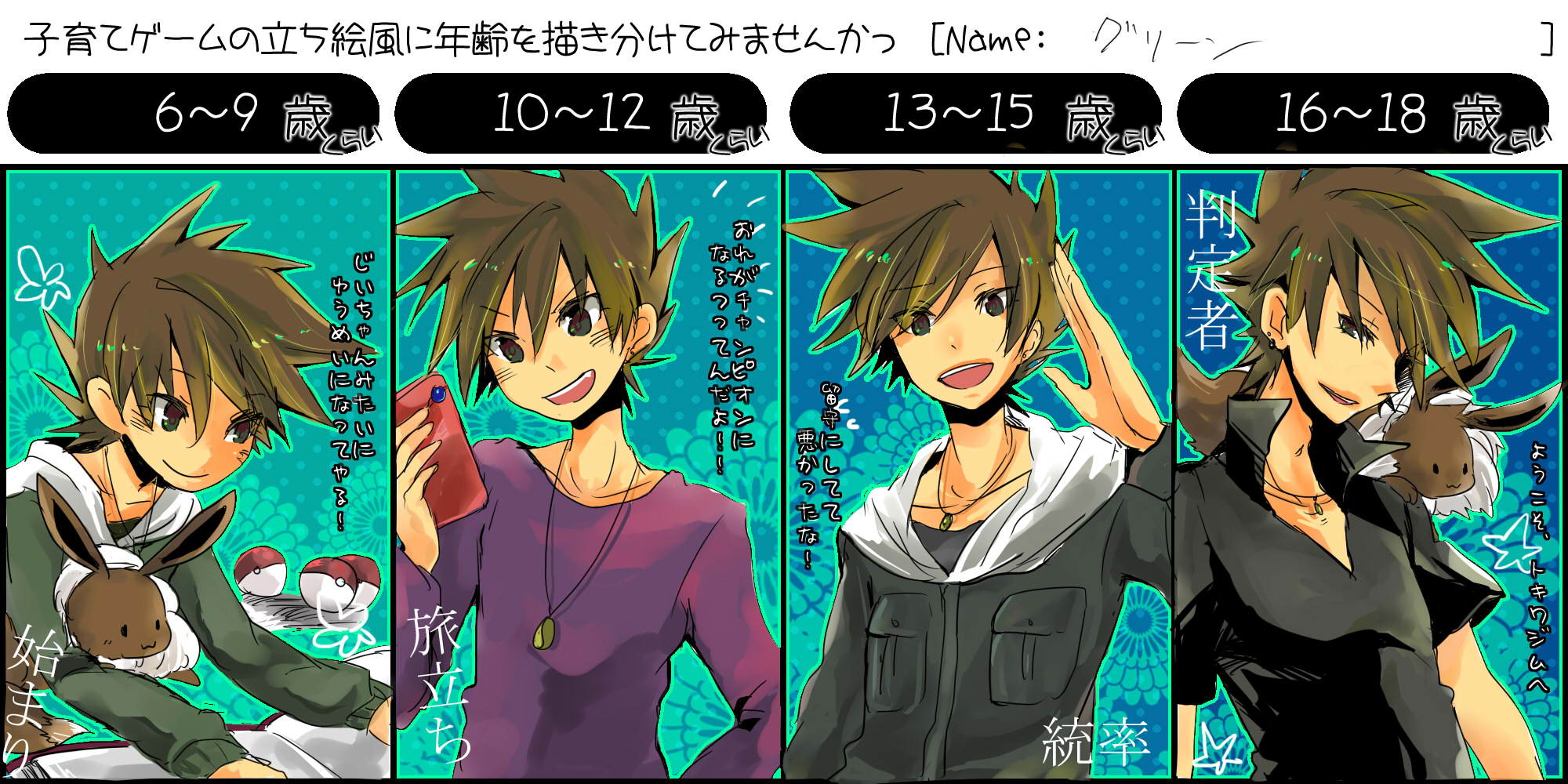 poppo, blue oak, blue oak (pokemon frlg), blue oak (pokemon hgss), blue oak (pokemon rgby), eevee, nintendo, pokemon, pokemon frlg, pokemon hgss, pokemon rgby, highres, translation request, 00s, 1990s (style), 1boy, :3, age comparison, aged down, aged up, brown hair, gen 1 pokemon, gym leader, male focus, poke ball, pokedex, pokemon (creature), retro artstyle