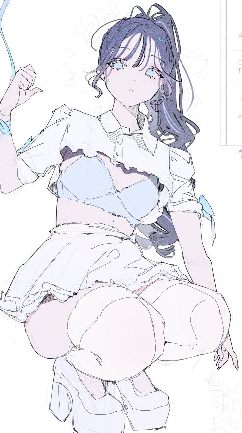 namu ta03, original, commentary request, 1girl, arm ribbon, black hair, blue bra, blue eyes, blue hair, boots, bra, breasts, buttons, center opening, crop top, crop top overhang, expressionless, fingernails, frilled skirt, frills, hand up, high-waist skirt, high heels, high ponytail, light blush, long fingernails, long hair, miniskirt, multicolored hair, multicolored ribbon, open mouth, platform boots, platform heels, ponytail, ribbon, short sleeves, skirt, small breasts, solo, squatting, streaked hair, tape, thighhighs, underwear, white background, white thighhighs, wrist wrap